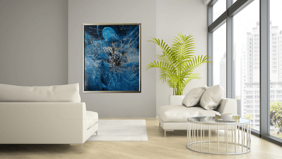 Large framed masterpiece dark blue angel series painting by KLOSKA