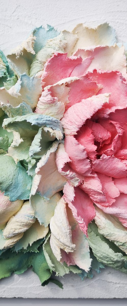 Light Peonies - 3d relief painting -Love is beautiful flowers, 20x20x4 cm by Irina Stepanova