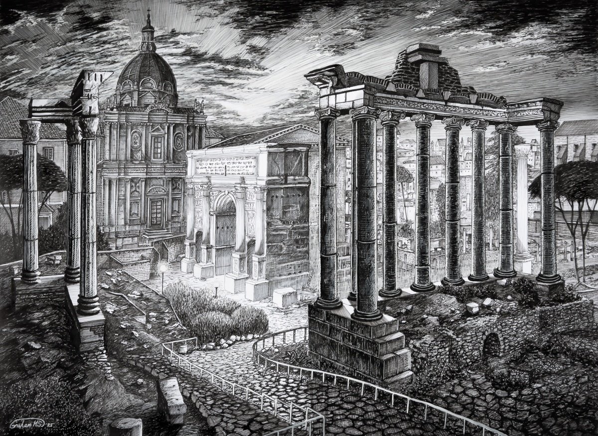 Illustrative Cityscapes Ink Drawing By Graham Mckenzie-Smith, 17 X 12, The Roman Forum, Original Artwork