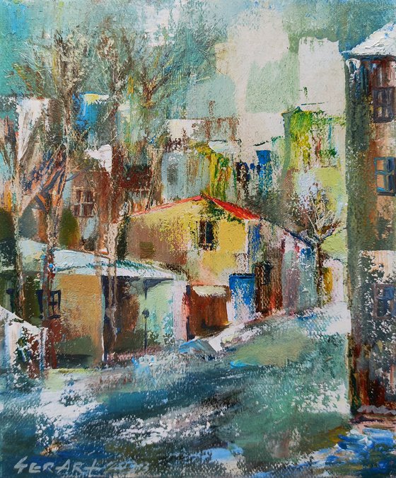 Winter yard (30x24cm, oil painting, ready to hang)