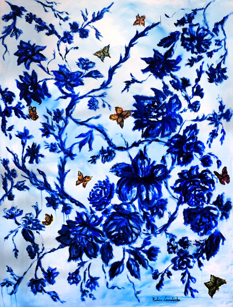 Impressionistic Botanical Oil Painting By Ruslana Levandovska, 36 X 48", The Blue Garden, Original Artwork