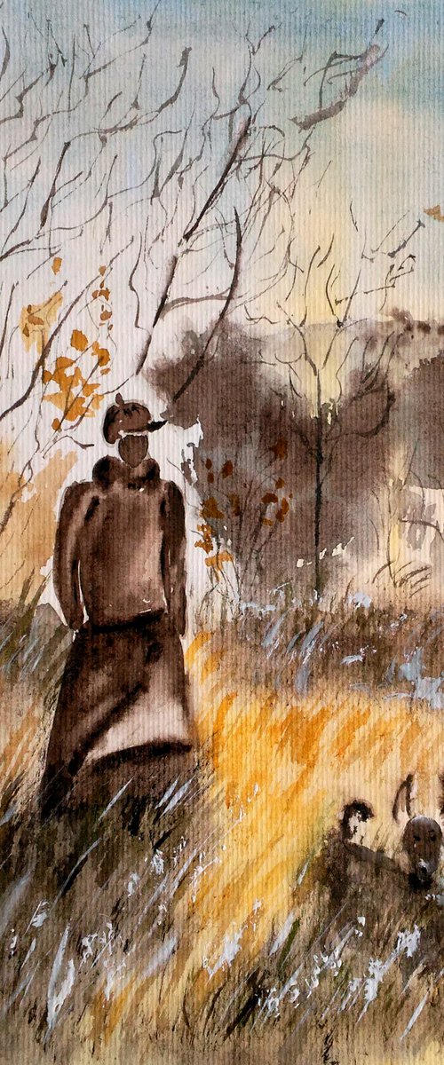 Fall Painting Landscape Original Art Walking Dog Watercolor Woman and Dog Artwork Autumn Stroll Artwork Home Wall Art 8 by 11" by Halyna Kirichenko by Halyna Kirichenko