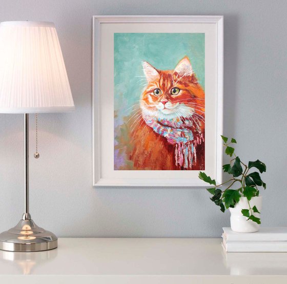 Ginger Cat Oil Painting Original Wall Art Red Cat Portrait