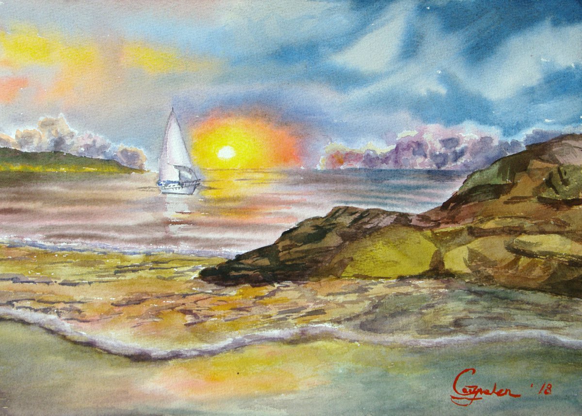 Sailboat at sunset by Elena Gaivoronskaia