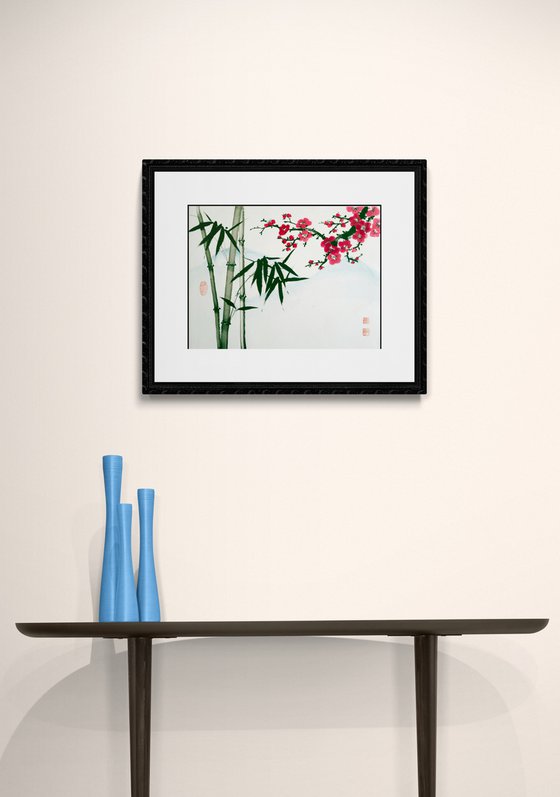 Bamboo and red plum with the background of a mountain - Oriental Chinese Ink Painting