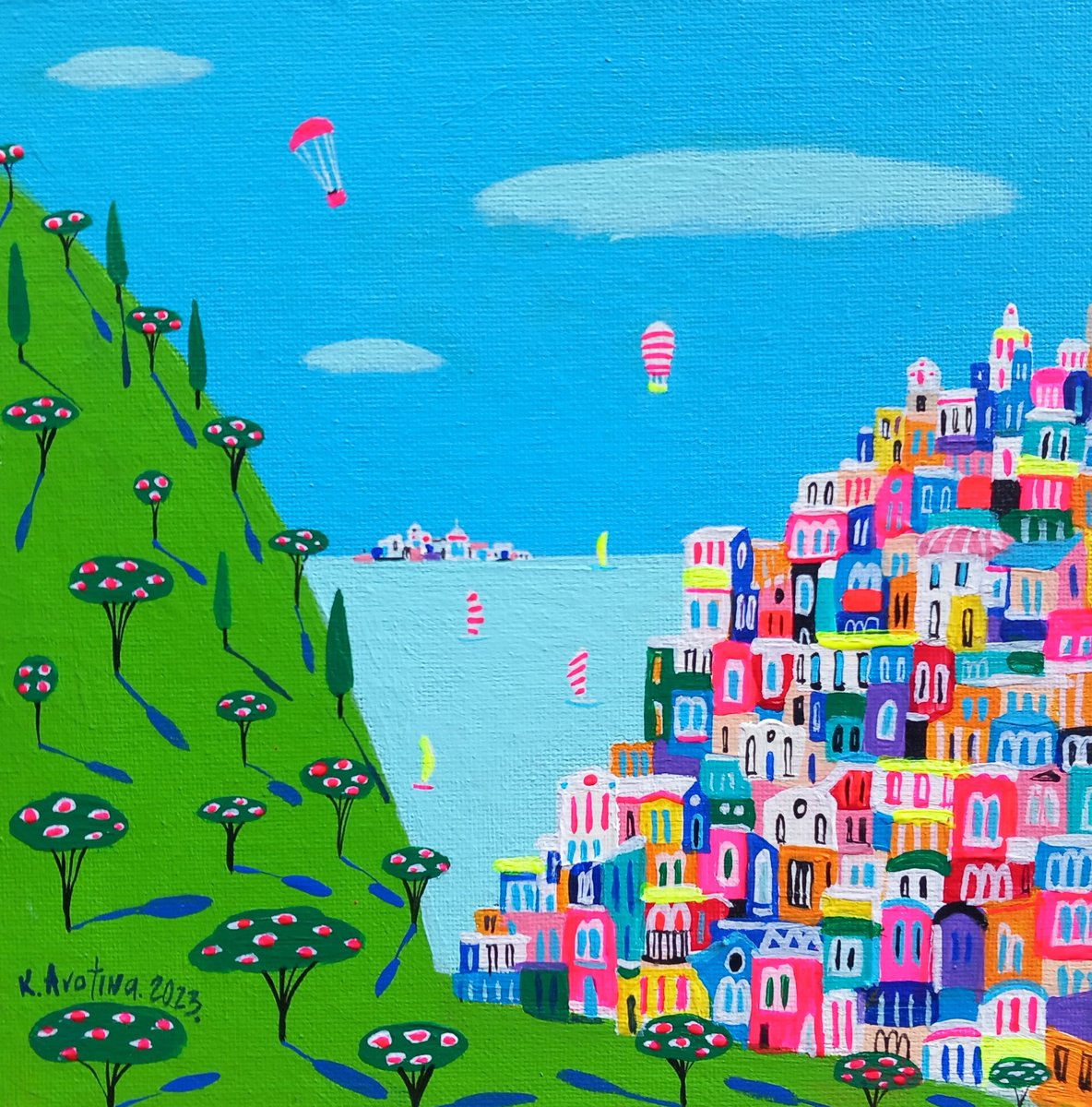 Impressionistic Landscape Acrylic Painting By Katrina Avotina, 8 X 8", Hillside Harmony, Original Artwork