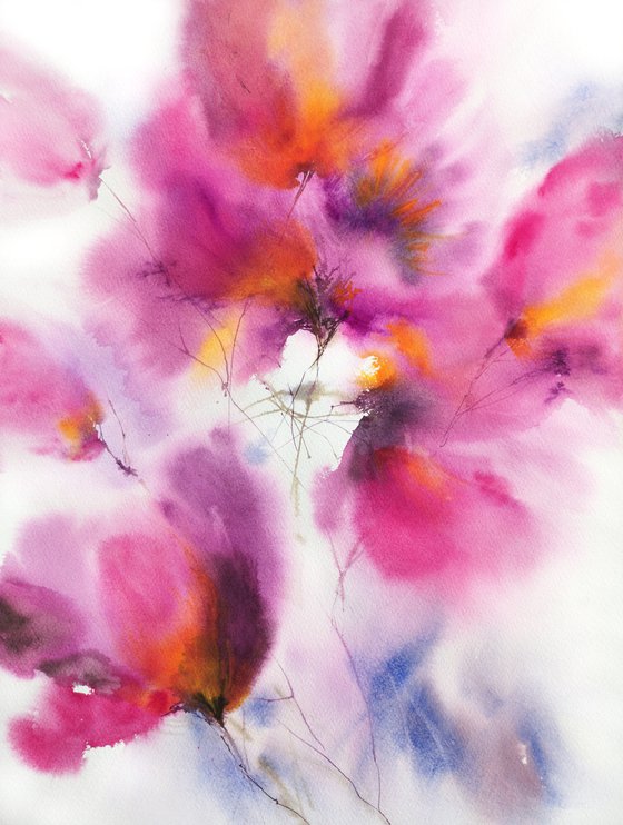 Purple abstract watercolor floral painting Fuchsia