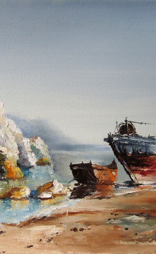 A quiet harbor with a ship by Aleksandr Neliubin