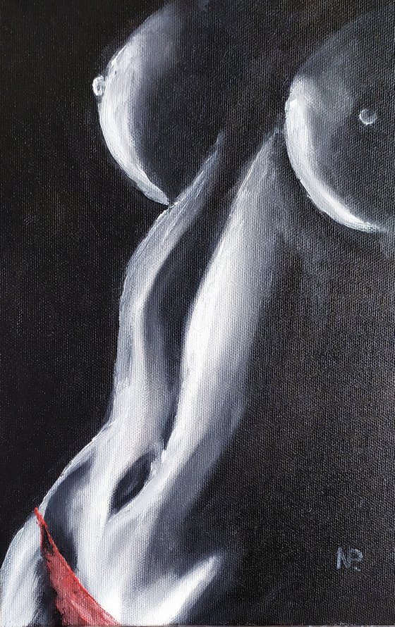 Red panties, original erotic nude art, gift idea, small bedroom oil painting