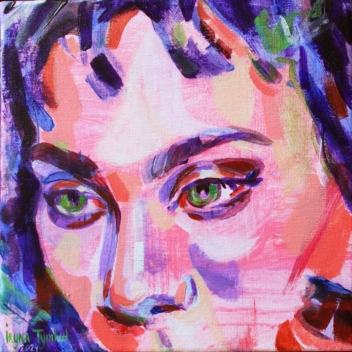 Expressive Portrait Acrylic Painting By Iryna Tymkul, 8 X 8, The Look, Original Artwork