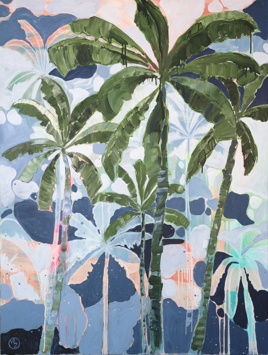 Expressive Botanical Acrylic Painting By Maria Al Zoubi, 36 X 48", Echoes Of The Oasis, Original Artwork