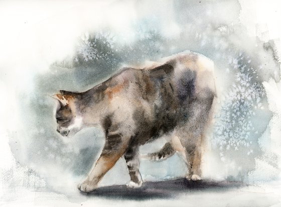 Walking Cat Watercolor Painting