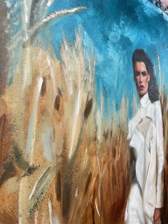 "Im not lost" Oil painting of brunette model wearing a white suit in the corn fields.