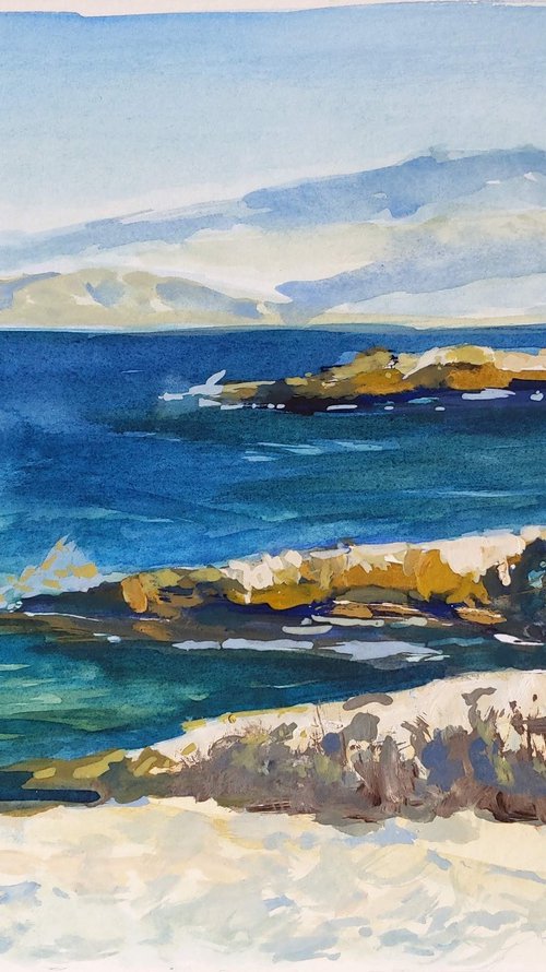 Cliffs of Corfu island - original watercolor painting - seascape painting - waves by Anna Brazhnikova