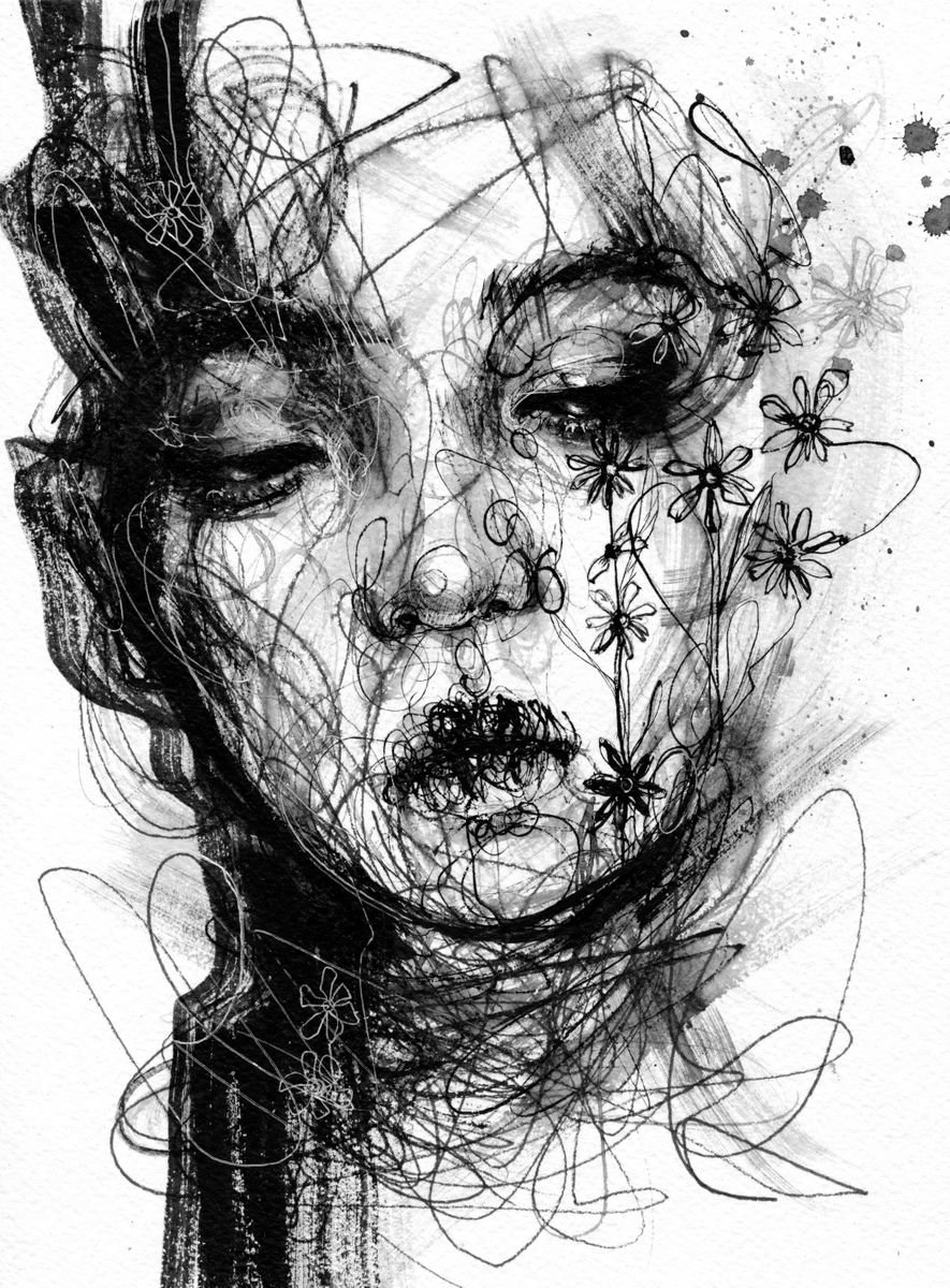 Expressive Portrait Ink Drawing By Doriana Popa, 7 X 9, Frail, Original Artwork