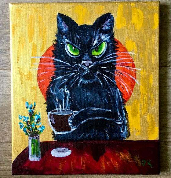 Coffee cat. Lucky black coffee  cat brings positive emotions in your life.