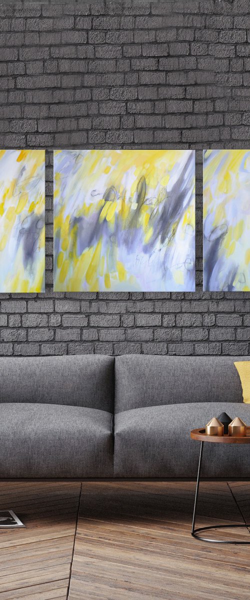 Making my own sunshine (large triptych in yellow and greys) by Carolynne Coulson