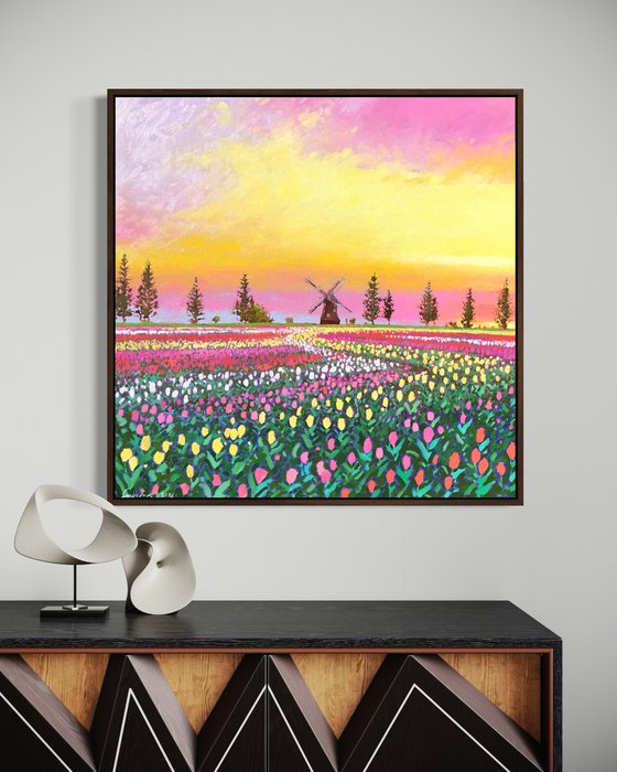 Sunset over tulips field