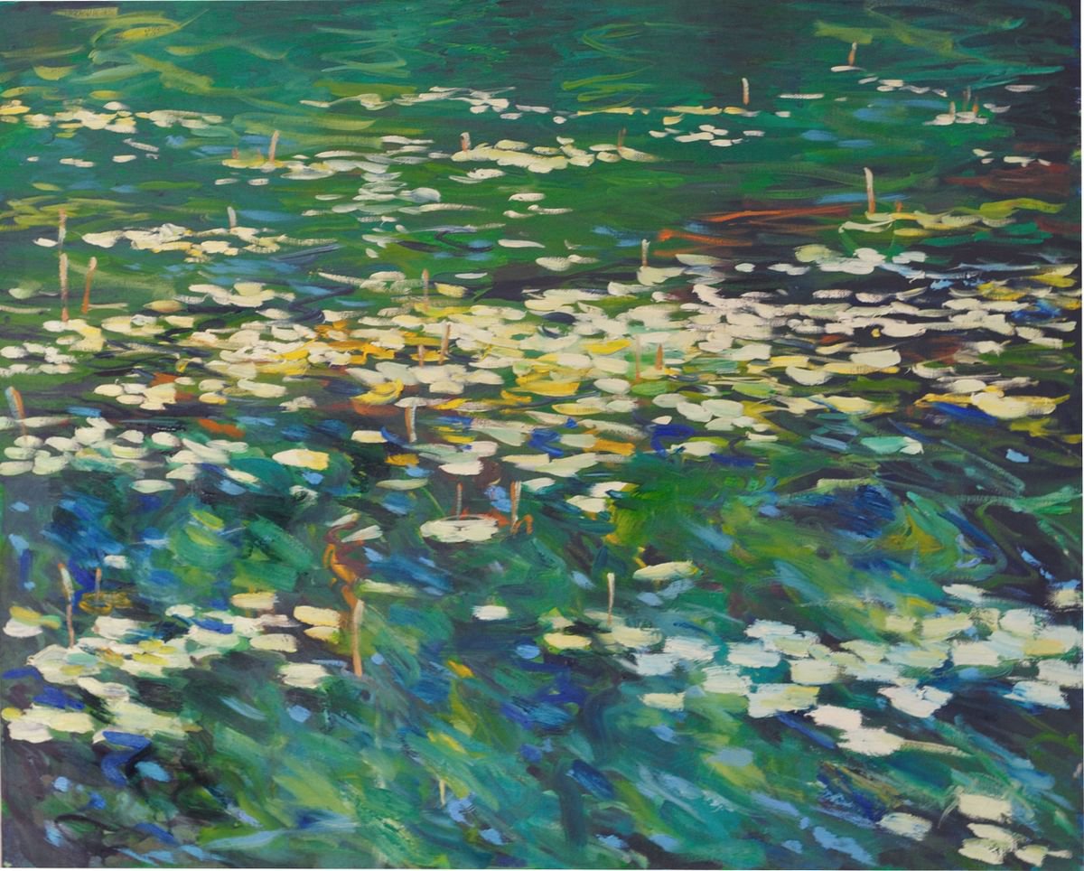 Morning light big XXL original Abstract waterlilies pond oil painting landscape river sunl... by Nataliia Nosyk