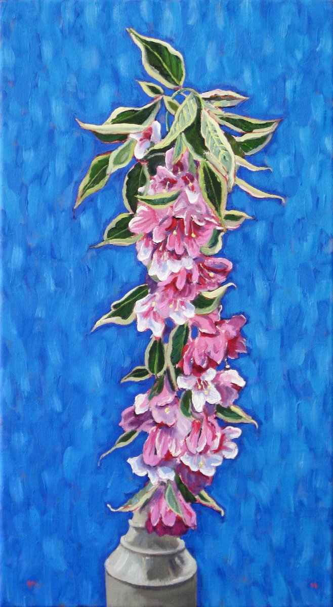 Botanical Oil Painting By Richard Gibson, 12 X 22", Weigela, Original Artwork
