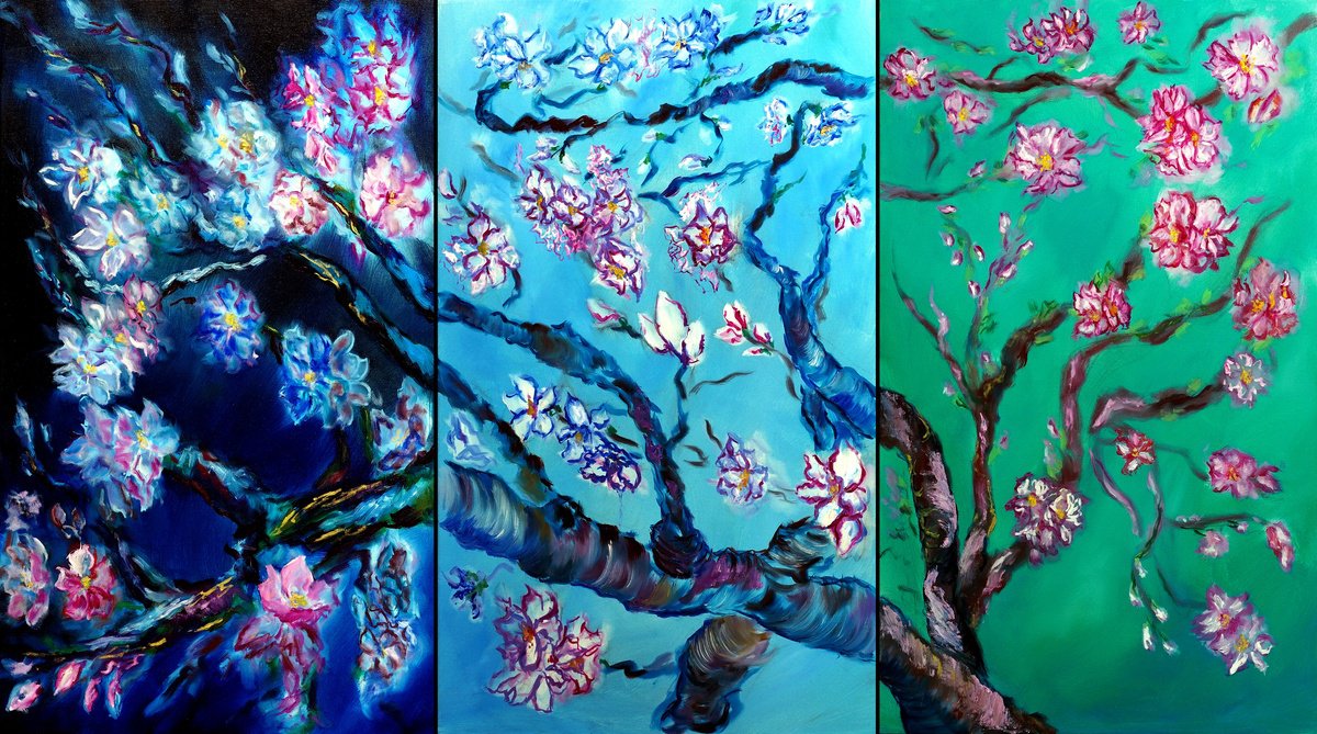 Impressionistic Botanical Oil Painting By Ruslana Levandovska, 54 X 30", Eternal Blossoms Triptych, Original Artwork