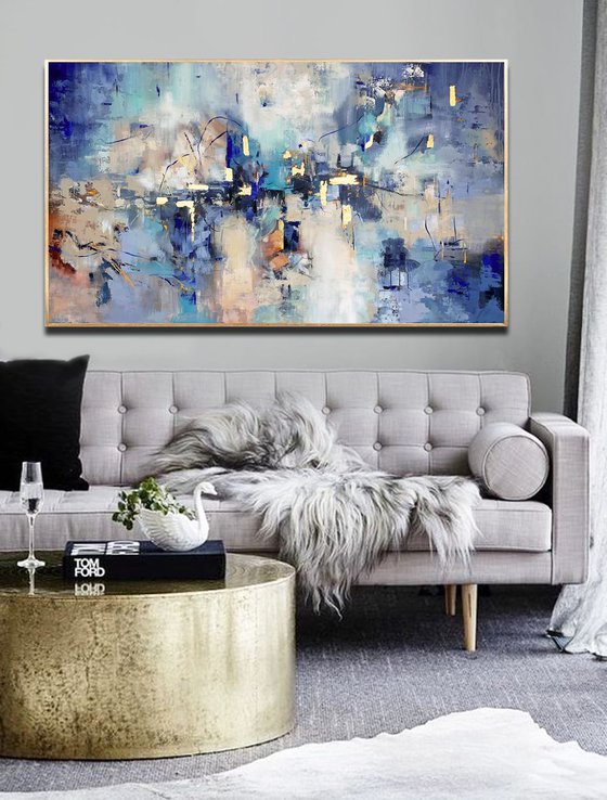 Indigo Clouds - Extra Large Oversize Abstract Painting 71" x 40" , Blue Grey Gold Leaf Soft Colors White Gray Painting