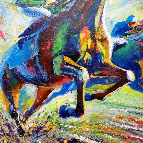 Dynamic Horse Racing Scene, Captivating Artwork of Leadership in Impressionist Style