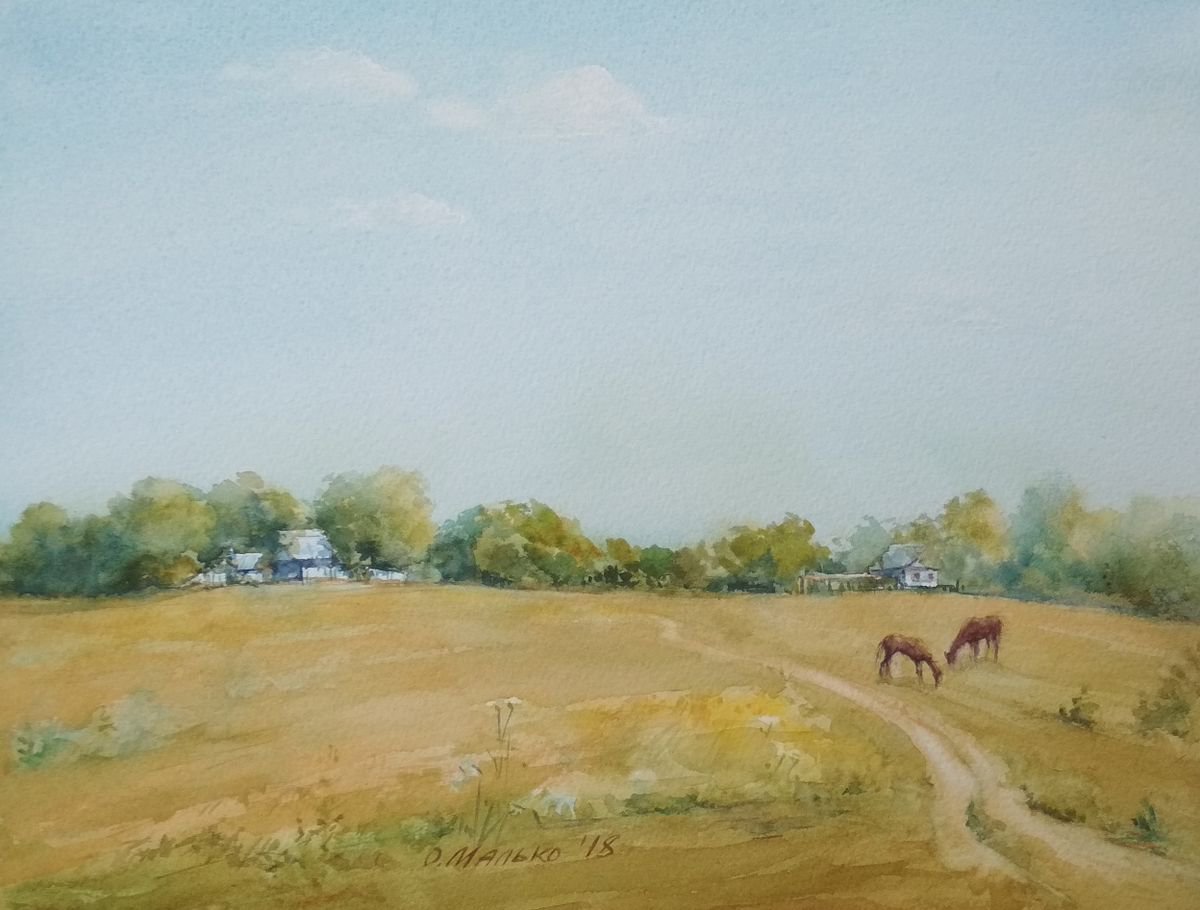 Last summer day / Rural landscape with horses Scenery watercolour by Olha Malko