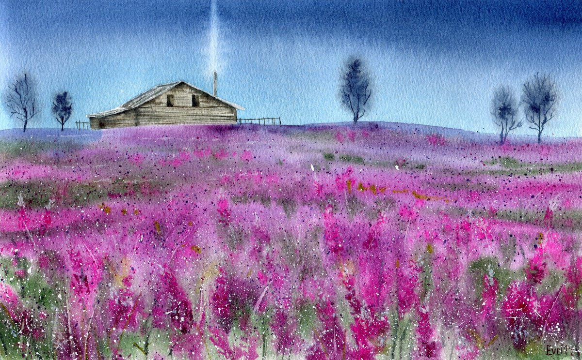 Village of Vartiolampi. Karelia. Original watercolor. by Evgeniya Mokeeva