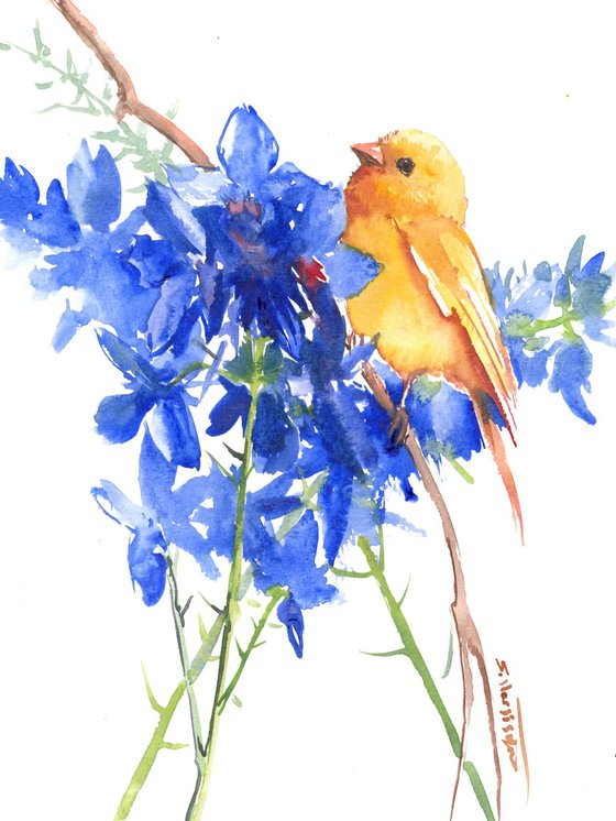 small canary and big blue flower