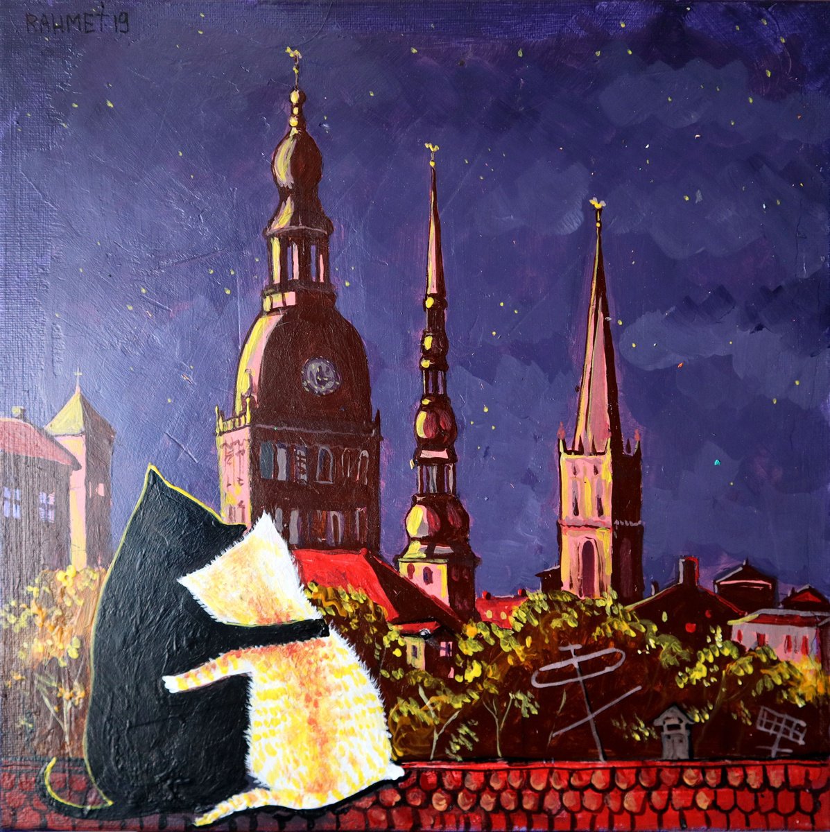 Impressionistic Animal Acrylic Painting By Rakhmet Redzhepov, 12 X 12", Love In The Night City., Original Artwork