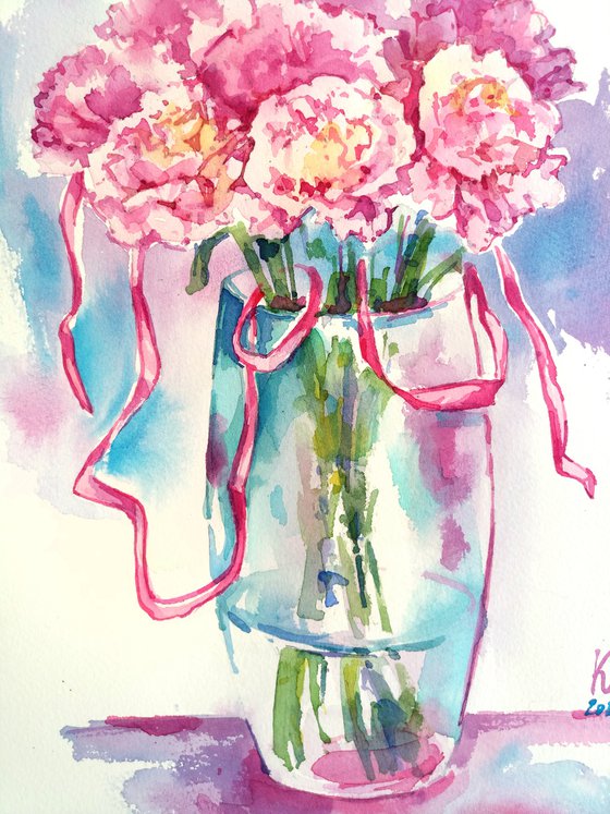 "Bright bouquet of carnations still life in a vase" original watercolor art work illustration