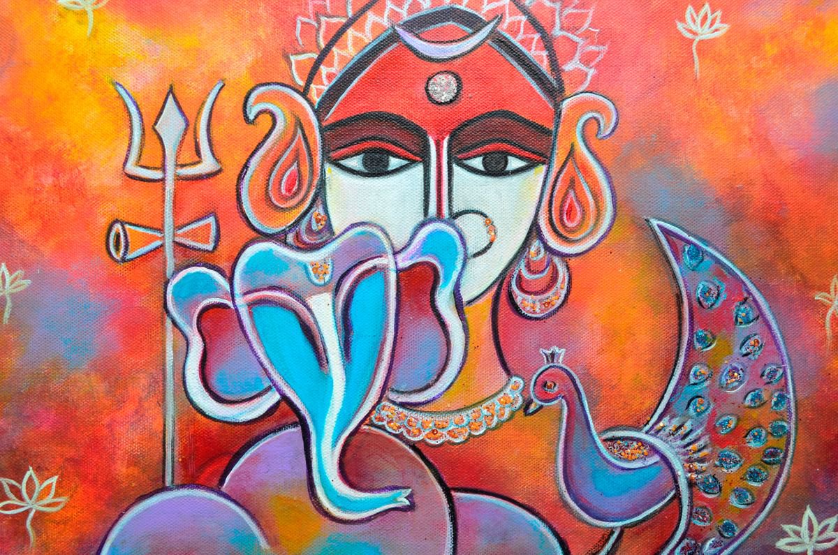 Ganesha and Mom Parvati with Trishul and Peacock by Manjiri Kanvinde