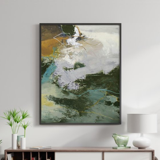 "Green Glory 4" Abstract green gray brown art
