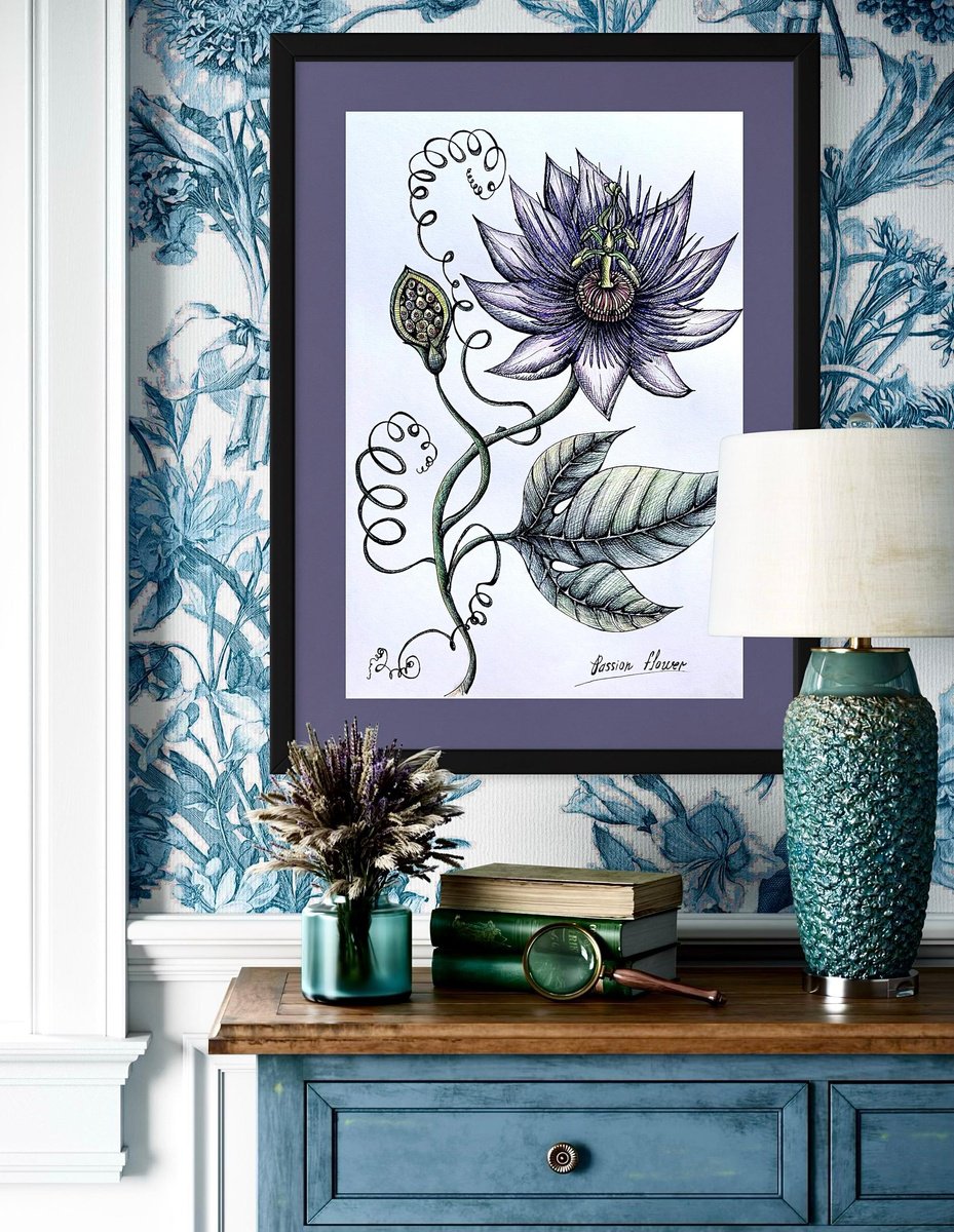 Illustrative Botanical Ink Drawing By Maria Tuzhilkina, 11 X 17", Passion Fruit Flower, Original Artwork