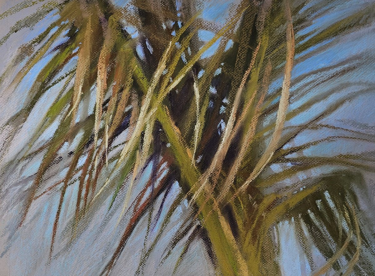 Impressionistic Landscape Pastel Drawing By Elena Genkin, 14 X 10, Palm Tree In A Windy Day, Original Artwork