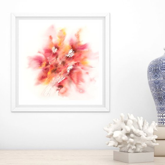 Abstract orange flowers, loose flowers watercolor painting, small wall art Light