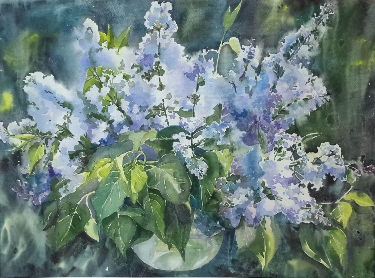 Impressionistic Botanical Watercolour By Yurii Pashkov, 30 X 22", Lilac, Original Artwork