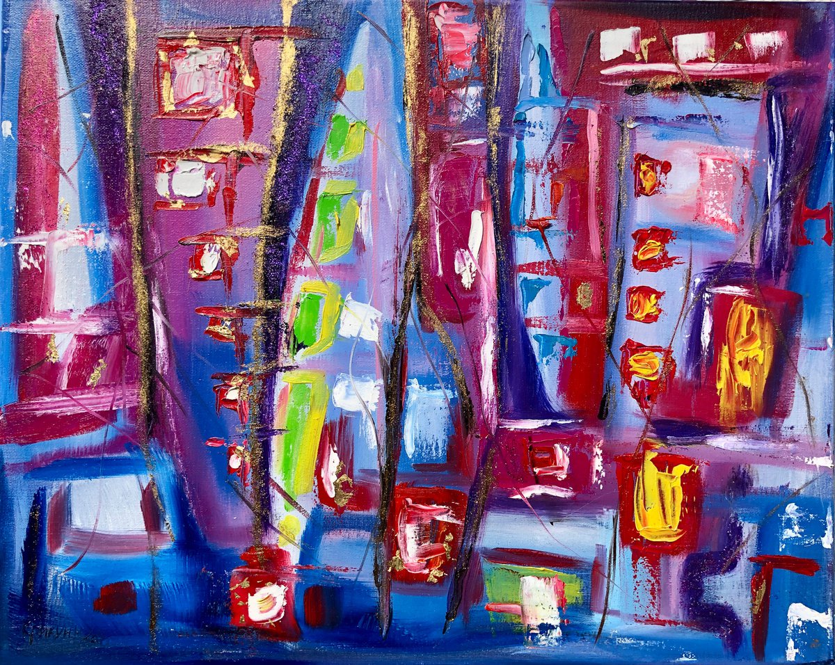 ,, Blue violet abstraction", blue, white, red abstraction by Nataliia Krykun