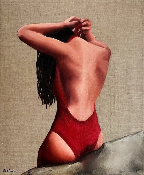 Girl in Red Swimsuit - Woman on Beach Female Figure Painting by Daria Gerasimova