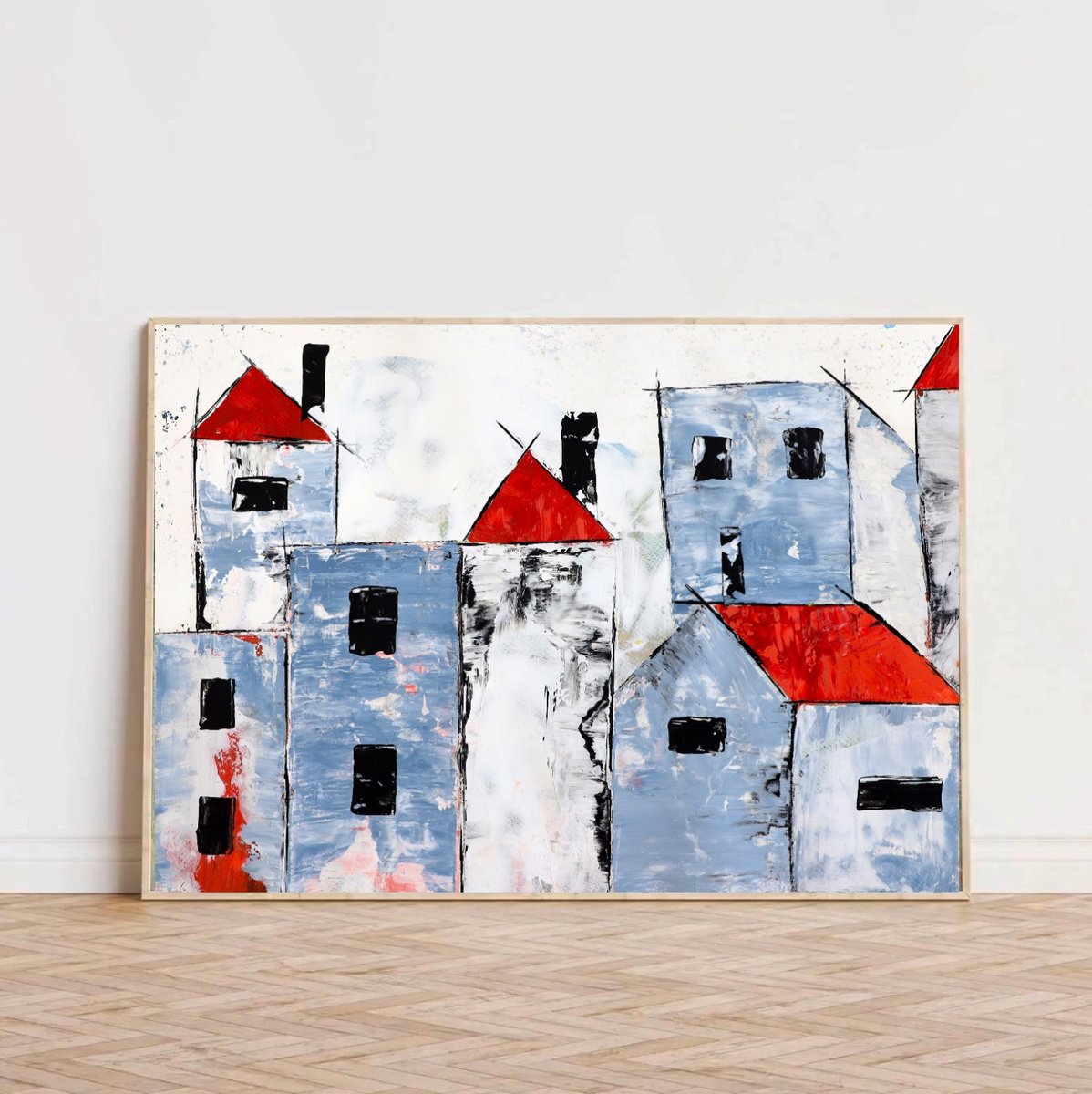 Geometric Cityscapes Painting By Poovi Art, 24 X 18", Time And Trust, Original Artwork