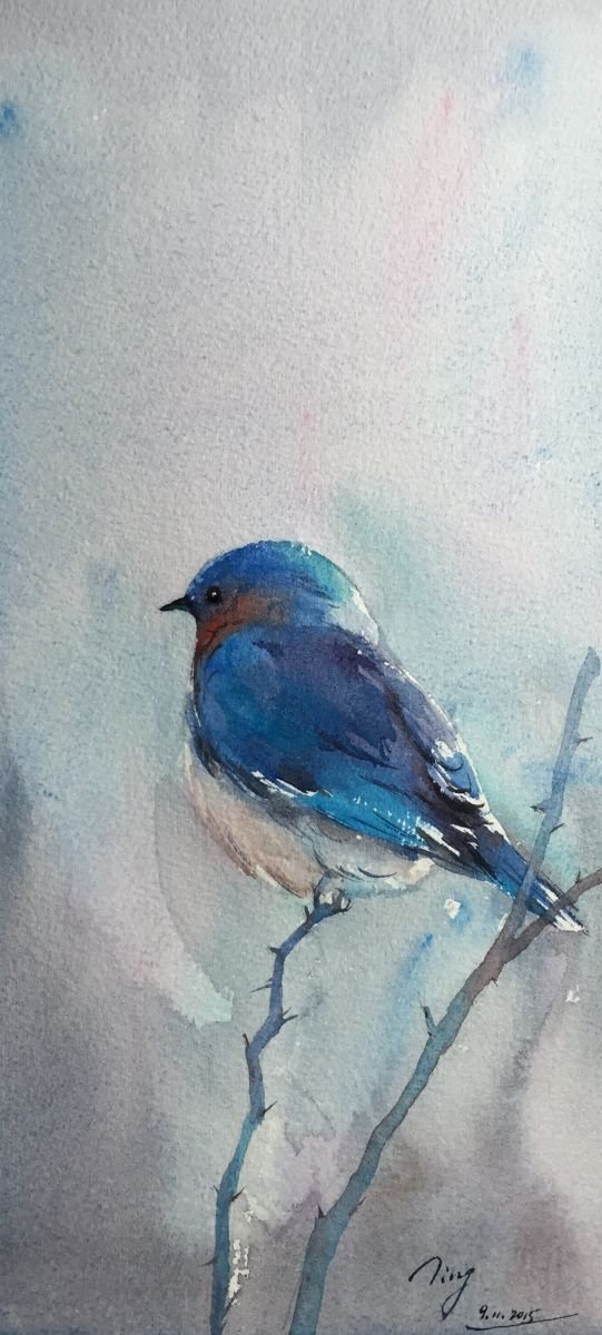 Impressionistic Animal Watercolour By Jing Chen, 6 X 12, Bird On A Branch 3, Original Artwork