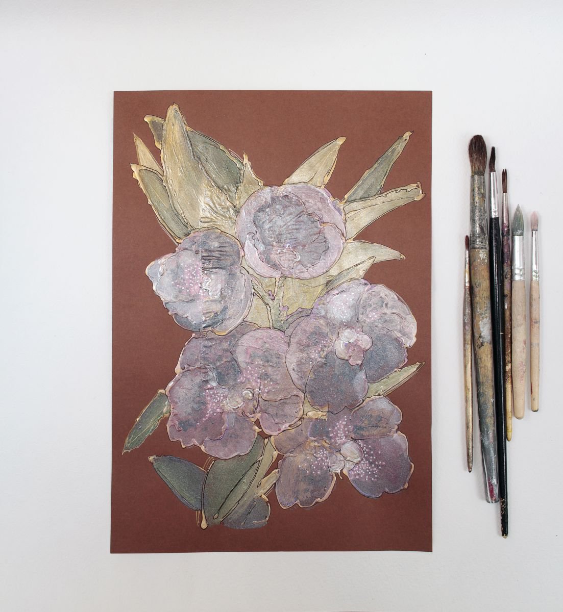 Mauve orchids on brown background by Vlada Lisowska