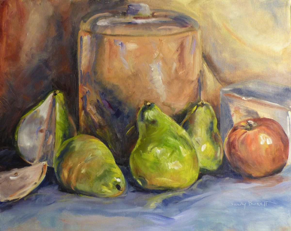 Pears and cookie jar by Sandra Burnett