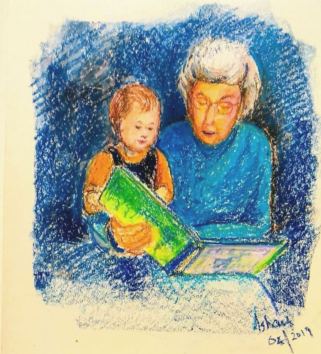 Impressionistic Pastel Drawing , Grandmother And Grandchild By Asha Shenoy, 10 X 11, Artwork For Sale On Artfinder