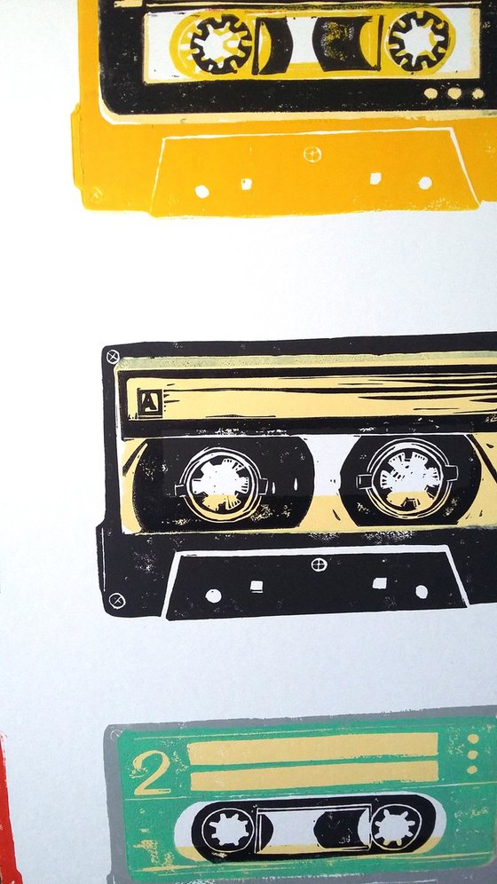 Linocut tapes #46 (cassette tapes, retro music, 70's, 80's rock culture)