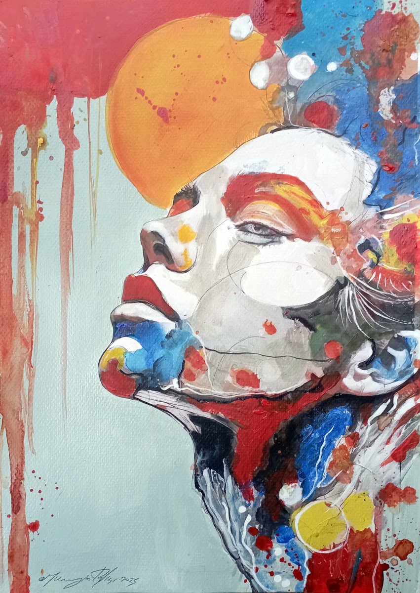 Urban And Pop Portrait Acrylic Painting By Maurizio Puglisi, 8 X 11", Sunset In Bangkok, Original Artwork