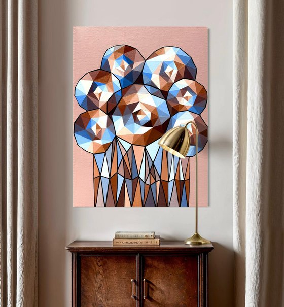 ABSTRACT BLUE AND GOLD FLOWER COMPOSITION