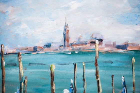 Venice. Gondolas parking. Original oil painting small size italy travel landscape view sea seascape romantic venezia boats trip interior decor gift blue calm