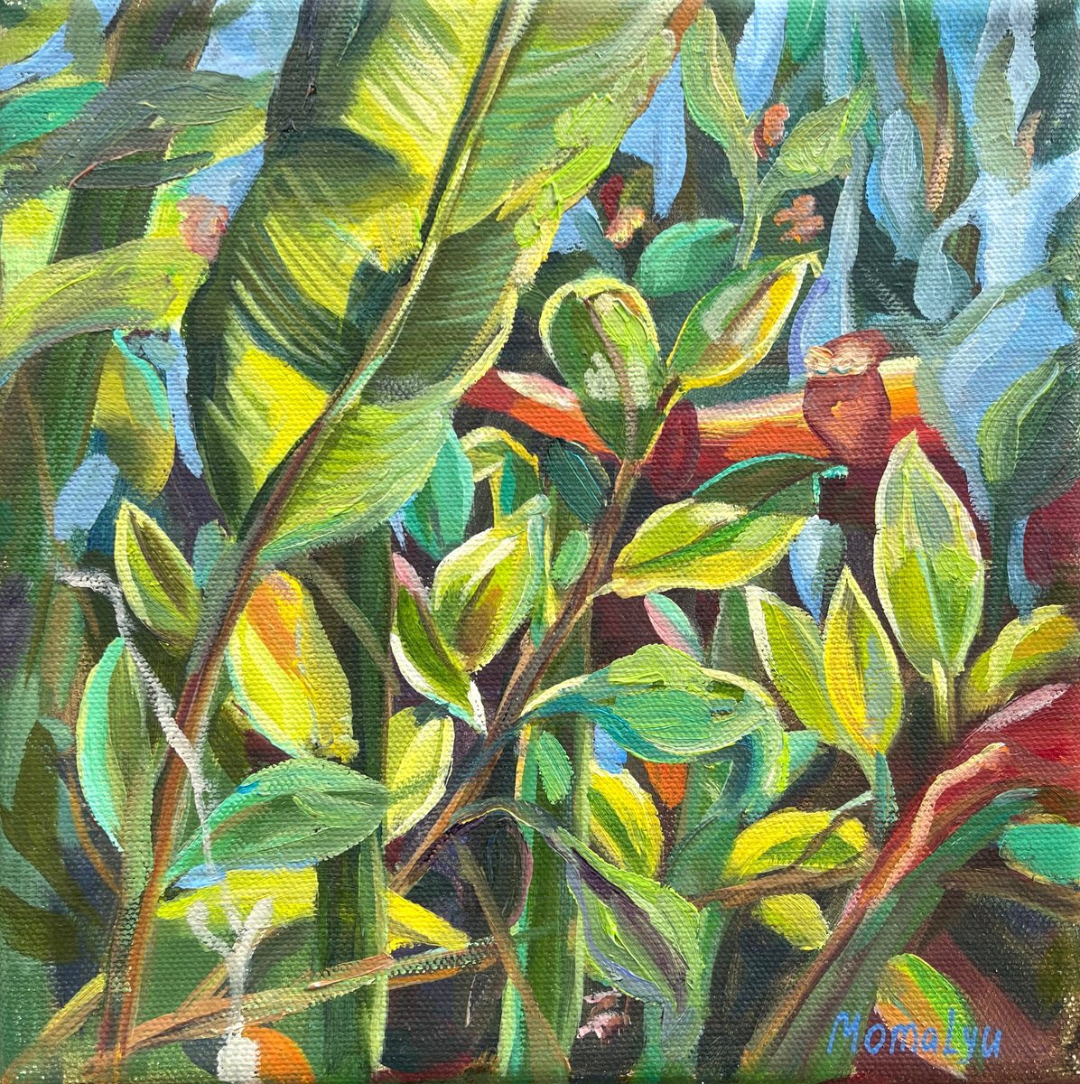 Impressionistic Landscape Oil Painting By Momalyu, 8 X 8", Tropical Flora, Original Artwork